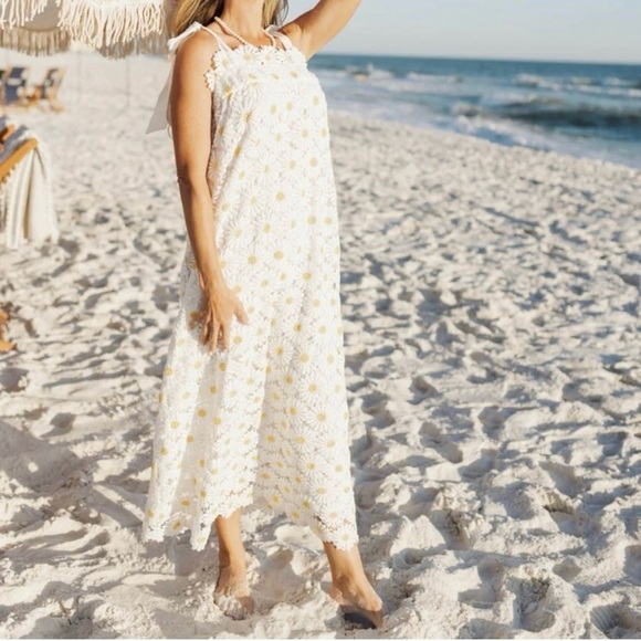 J. Marie Jenna Tie Strap Square Neck White Floral Daisy Lace Shift Midi Dress - Picture 3 of 16